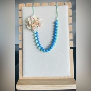 Girls Beaded Necklace with Flower, Blue/Teal, Approx 17 in